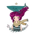 Beautiful young girl sailor with a whale in her hair. Sea animals. Royalty Free Stock Photo