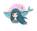 Beautiful young girl sailor with a whale. Royalty Free Stock Photo