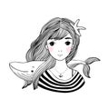 Beautiful young girl sailor with a whale and star in her hair. Royalty Free Stock Photo