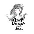 Beautiful young girl sailor with a whale and star in her hair. Royalty Free Stock Photo