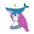 Beautiful young girl sailor with a whale and star in her hair. Royalty Free Stock Photo
