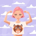 Beautiful young girl with short pink hair showing muscles wearing white shirt with tiger. Confident young woman smiling