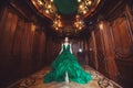 ÃÂ beautiful young girl standing in a haute couture green dress in a luxurious interior. Royalty Free Stock Photo