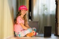 Beautiful young girl studying using computer laptop.Distance learning online education. Social distance during quarantine, online Royalty Free Stock Photo