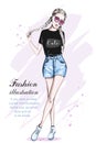 Beautiful young girl in stylish crop top. Hand drawn fashion woman with creative braid hairstyle. Cute girl in fashion clothes. Royalty Free Stock Photo