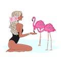 Beautiful young girl in a swimsuit feeds a pink flamingo, fashion summer illustration, textile print, postcard design