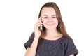 Beautiful young girl talking on the phone in Studio white background beauty cheerful and positive