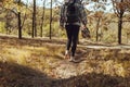 Beautiful young girl walking barefoot with sneakers in hand into the forest. There is a sunny autumn day with yellow leaves and dr Royalty Free Stock Photo