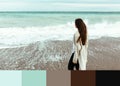 A beautiful young girl walks along the seashore, a storm, hair fly apart, a gray cardigan, a sports figure in sneakers Royalty Free Stock Photo