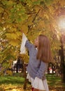 Beautiful young girl walks in the park in autumn. Autumn yellow maple leaves on a tree.