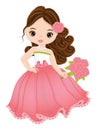 Beautiful Girl Wearing Long Pink Dress and Holding Bouquet of Roses Royalty Free Stock Photo