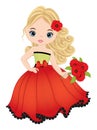 Beautiful Girl Wearing Red Dress and Holding Bouquet of Poppies. Vector Poppy Royalty Free Stock Photo