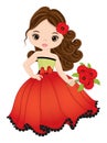 Beautiful Girl Wearing Red Dress and Holding Bouquet of Poppies. Vector Poppy Royalty Free Stock Photo