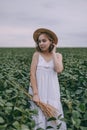 Beautiful young girl in white dress and straw hat in green field hugging bouquet of dried herbs Royalty Free Stock Photo