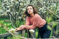 Beautiful young girl among white flowering trees . Royalty Free Stock Photo