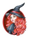 Beautiful young girl - Witch. Halloween costume. Watercolor illustration Royalty Free Stock Photo