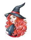 Beautiful young girl - Witch. Halloween costume. Watercolor illustration Royalty Free Stock Photo