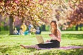 Beautiful young girl working on her laptop in park during cherry blossom season