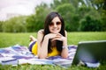 Beautiful Young Girl Working on Laptop Outside Her Office, Freelance Concept. Royalty Free Stock Photo