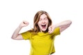 Beautiful young girl yawns on white background