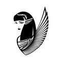 Ancient Egyptian winged goddess black and white vector portrait