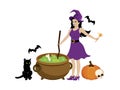 Beautiful young halloween witch with a magic cauldron vector