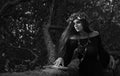 Beautiful young halloween witch wearing vintage gothic dress and