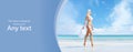 Beautiful, young and happy blond woman walking on the beach in white swimsuit. Fit and sexy fashion model in bikini Royalty Free Stock Photo