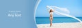 Beautiful, young and happy blond woman walking on the beach in white swimsuit. Fit and sexy fashion model in bikini Royalty Free Stock Photo