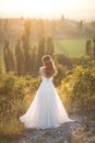 Beautiful young happy bride standing on the top of the mountain Royalty Free Stock Photo
