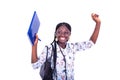 Beautiful young happy businesswoman while raising notebook in hand Royalty Free Stock Photo