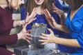 Beautiful young and happy woman girlfriends together to celebrate Christmas Royalty Free Stock Photo