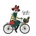Beautiful young hipster girl with a llama head in stylish vintage outfit riding vintage hipster bicycle with basket