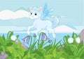 Pretty Fairytale Blue Unicorn in flower field against sky