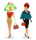 Beautiful young ladies in fashion clothes. Detailed graphic women characters with accessoties. Colorful stylish girls with bags. Royalty Free Stock Photo