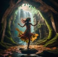 Beautiful young lady dancing in the nature with leaves dress Royalty Free Stock Photo