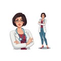 Beautiful young lady doctor with stethoscope and apron in standing position vector