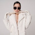 Beautiful young lady in a white faux fur coat