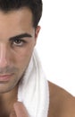 Beautiful young man face with towel Royalty Free Stock Photo