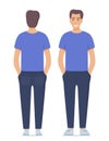 Beautiful young man standing in full growth in casual clothes. Front and back view, isolated. Vector illustration