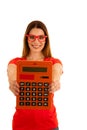 Beautiful young math student holds retro big calculator isolated