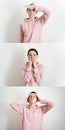 Beautiful young millennial woman doing face yoga at home. Fascial exercises for building youthful sculpted face. Anti Royalty Free Stock Photo