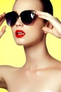 Beautiful young model with big sunglasses close-up Royalty Free Stock Photo