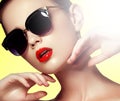 Beautiful young model with big sunglasses. Fashion makeup Royalty Free Stock Photo