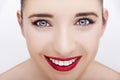 Beautiful young model with red lips and white teeth. Gorgeous Woman Face. Royalty Free Stock Photo