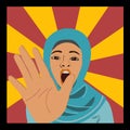 A beautiful young moslem woman puts down her hand and orders to stop. Pop art retro comic style.