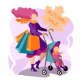 Beautiful young mother with a baby in a stroller is shopping at the seasonal sale.Concept of a flyer, web banner, landing pages,