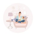 Beautiful young mother hugging little toddler baby. Woman with kid on cozy armchair. Happy family.