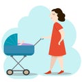 Beautiful young mother in red dress walking with her newborn baby in a blue pram colorful vector illustration Royalty Free Stock Photo