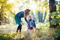 Beautiful young mother with small twins on a walk in autumn forest.